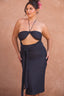 a woman in a black dress