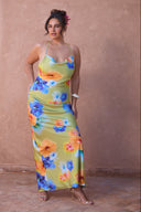 a woman in a floral dress
