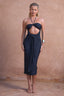 a woman in a black dress