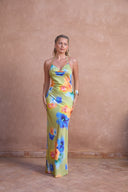 a woman in a floral dress