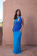 a woman in a blue dress