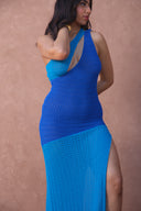 a woman in a blue dress