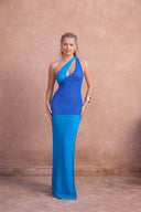 a woman in a blue dress