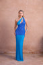 a woman in a blue dress
