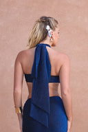 a woman wearing a blue outfit