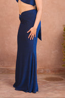 a woman in a blue dress